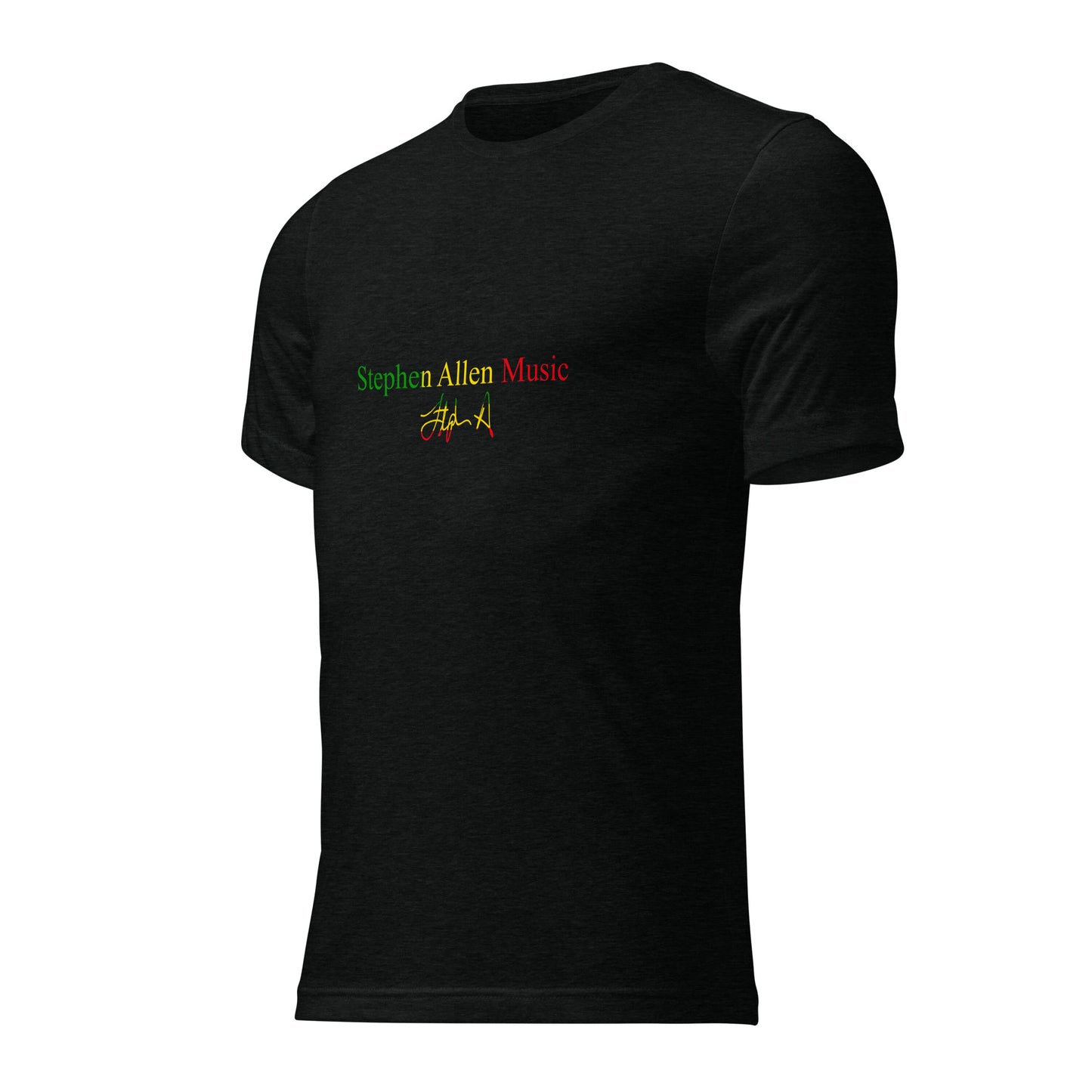 A black short-sleeve crewneck t-shirt featuring 'Stephen Allen Music' printed in green and red across the chest, with a small red and yellow signature graphic below it, shown on a plain white background.