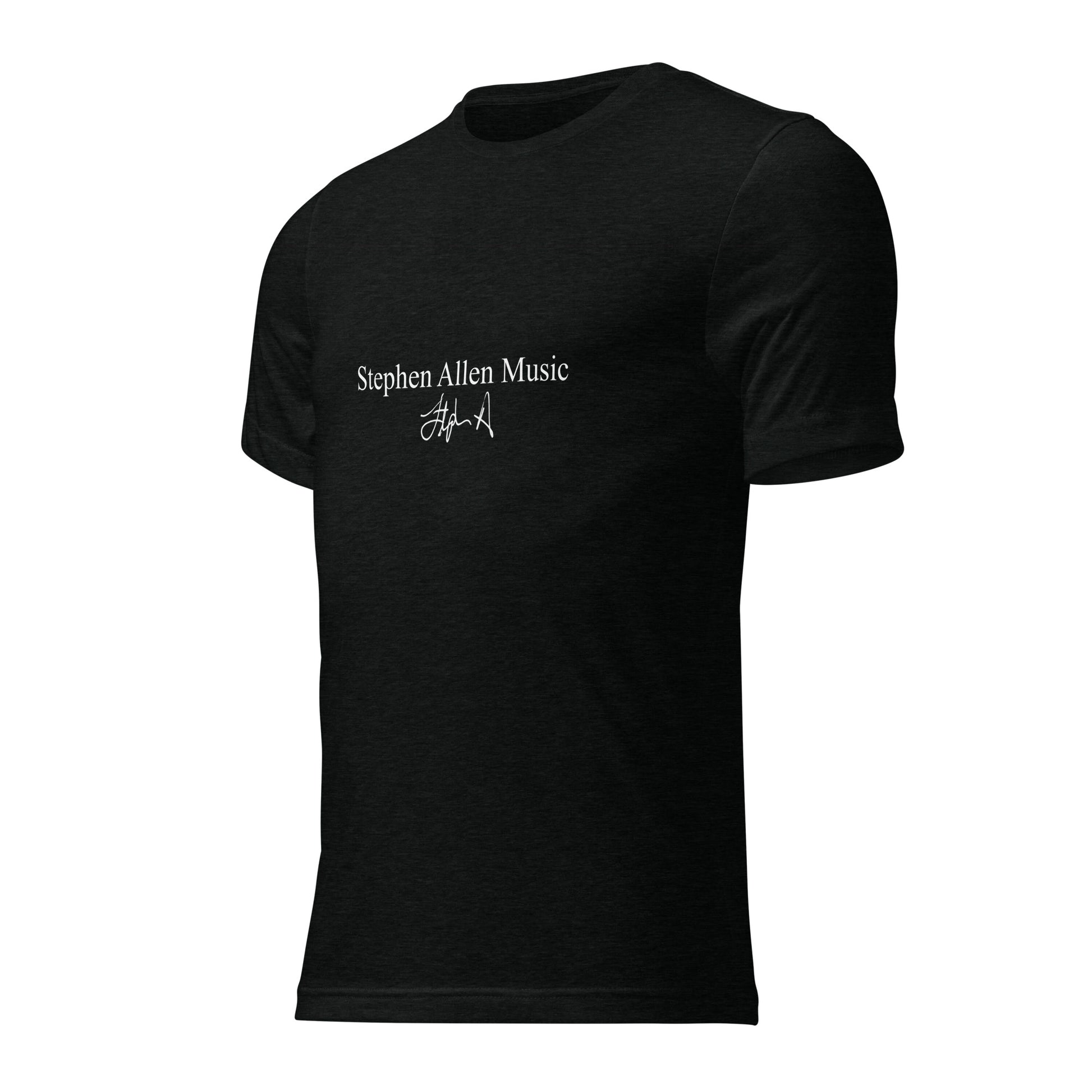 Black t-shirt with a colorful geometric design and text on a white background Stephen Allen Music