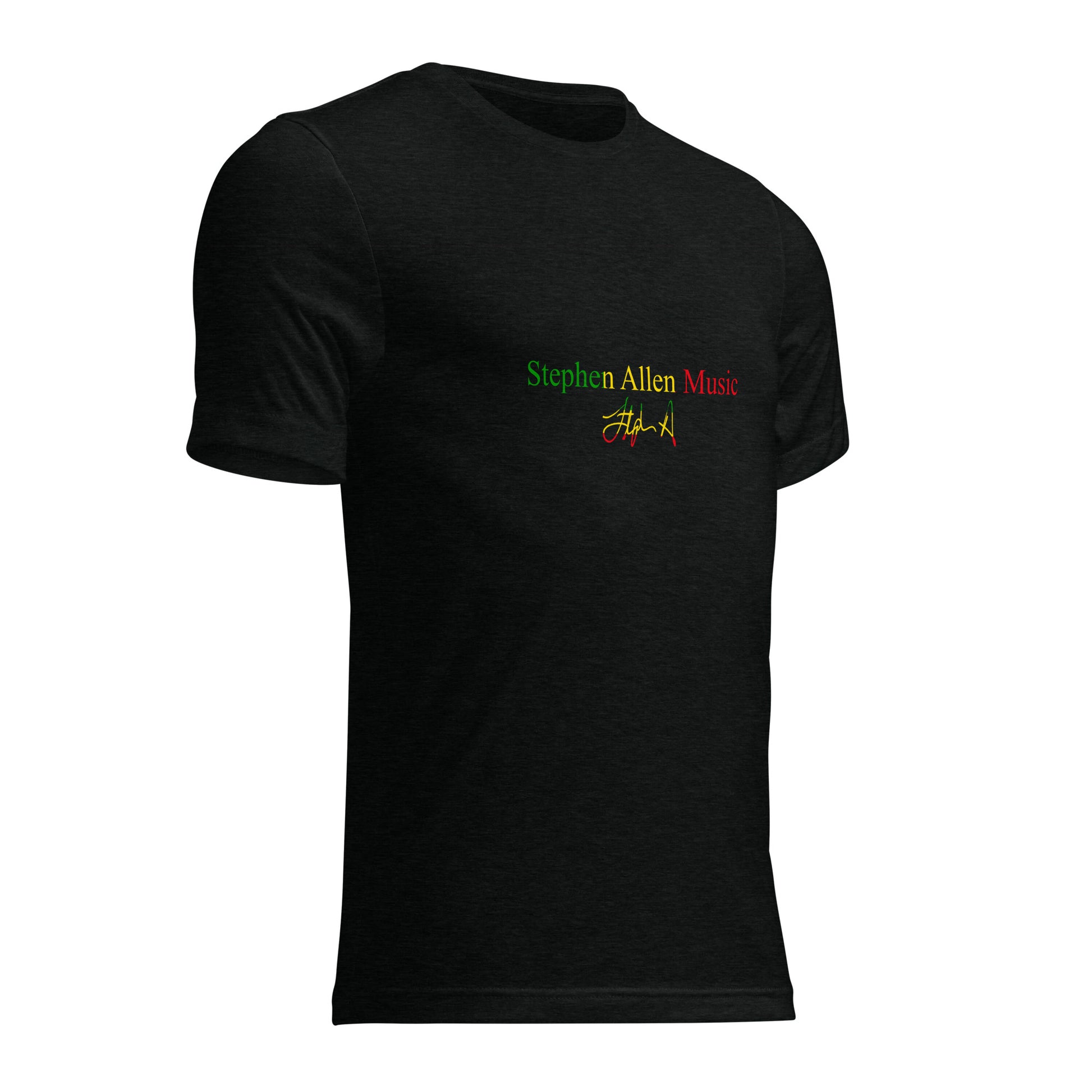 Black t-shirt with colorful geometric design and text on a white background Stephen Allen Music