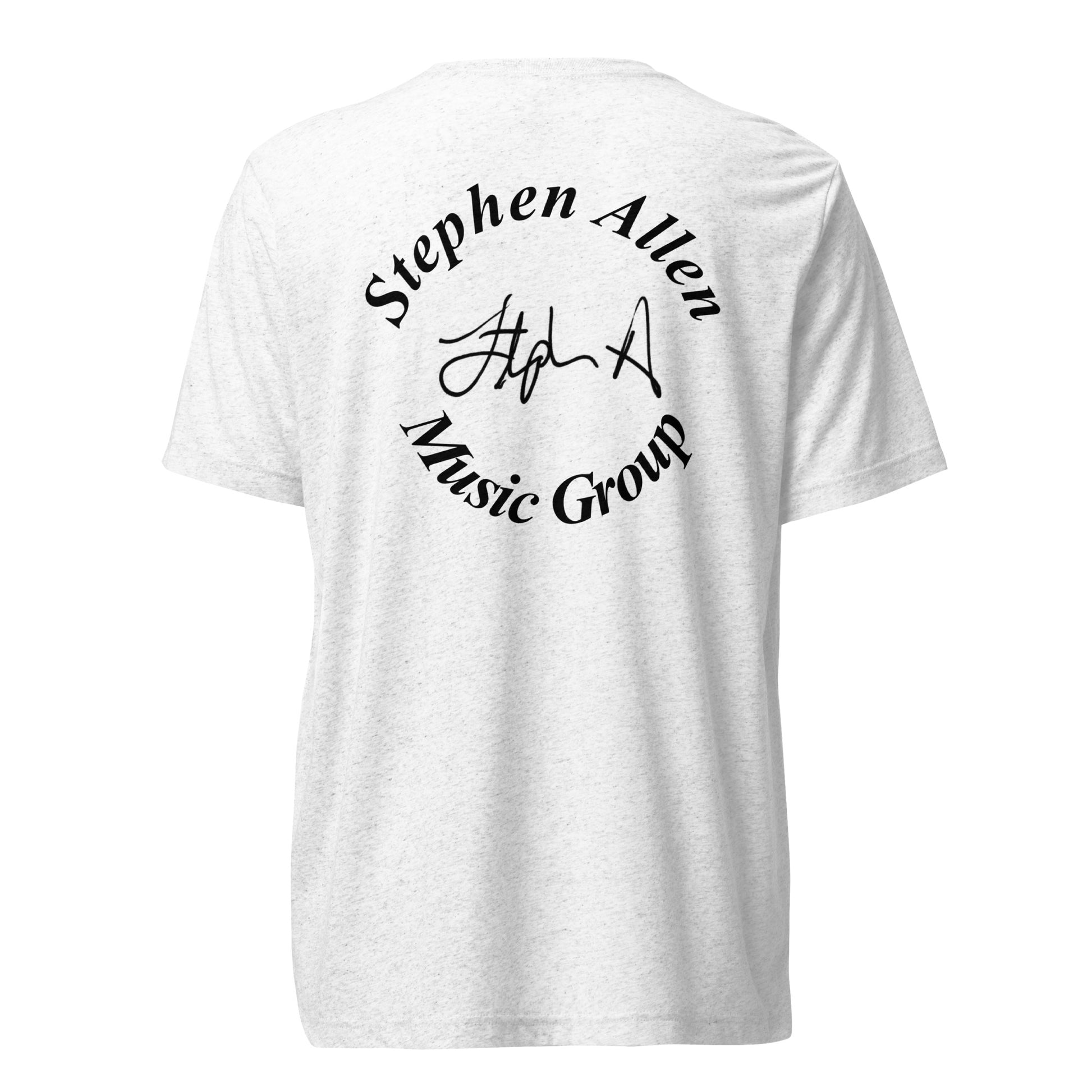 A white heather short-sleeve t-shirt shown from the back, featuring a black circular graphic with the text 'Stephen Allen Music Group' and a stylized signature.