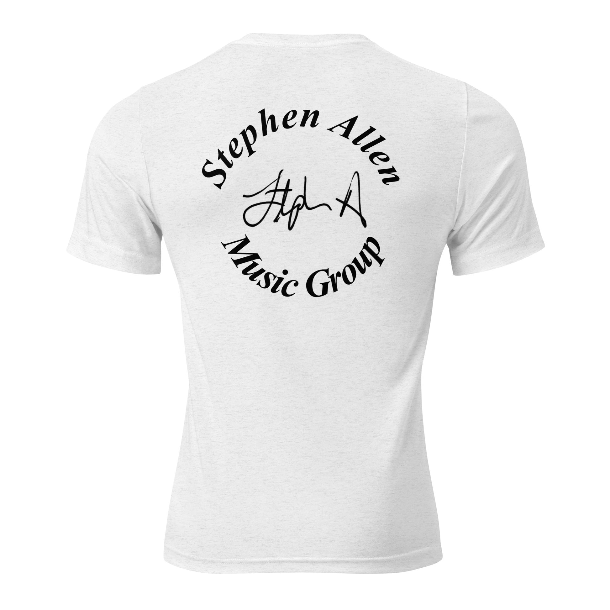 A white short-sleeve t-shirt shown from the back, featuring a black circular graphic print that reads 'Stephen Allen Music Group' around a stylized signature.