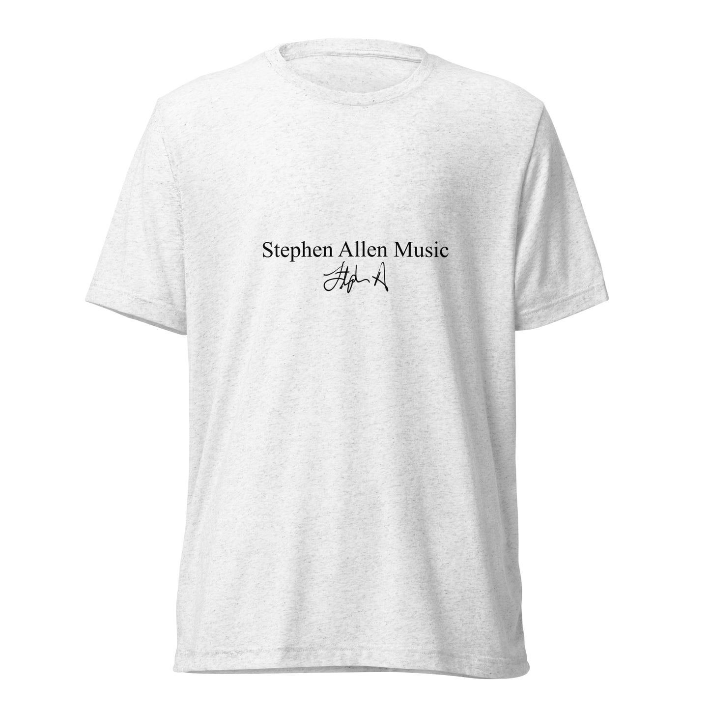 White t-shirt with 'Stephen Allen Music' text design on a white background
