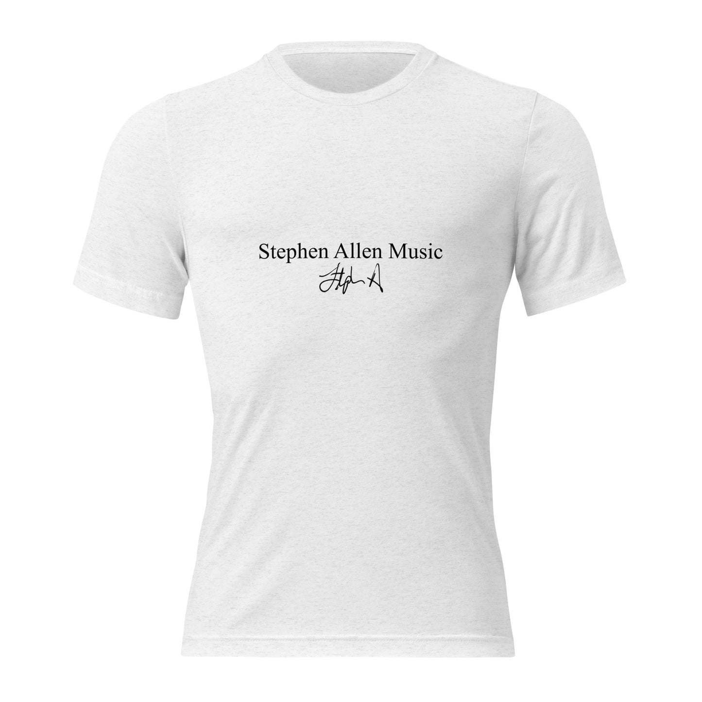 A white short-sleeve crewneck t-shirt with 'Stephen Allen Music' and a signature printed in black on the chest, displayed on a clean white background.