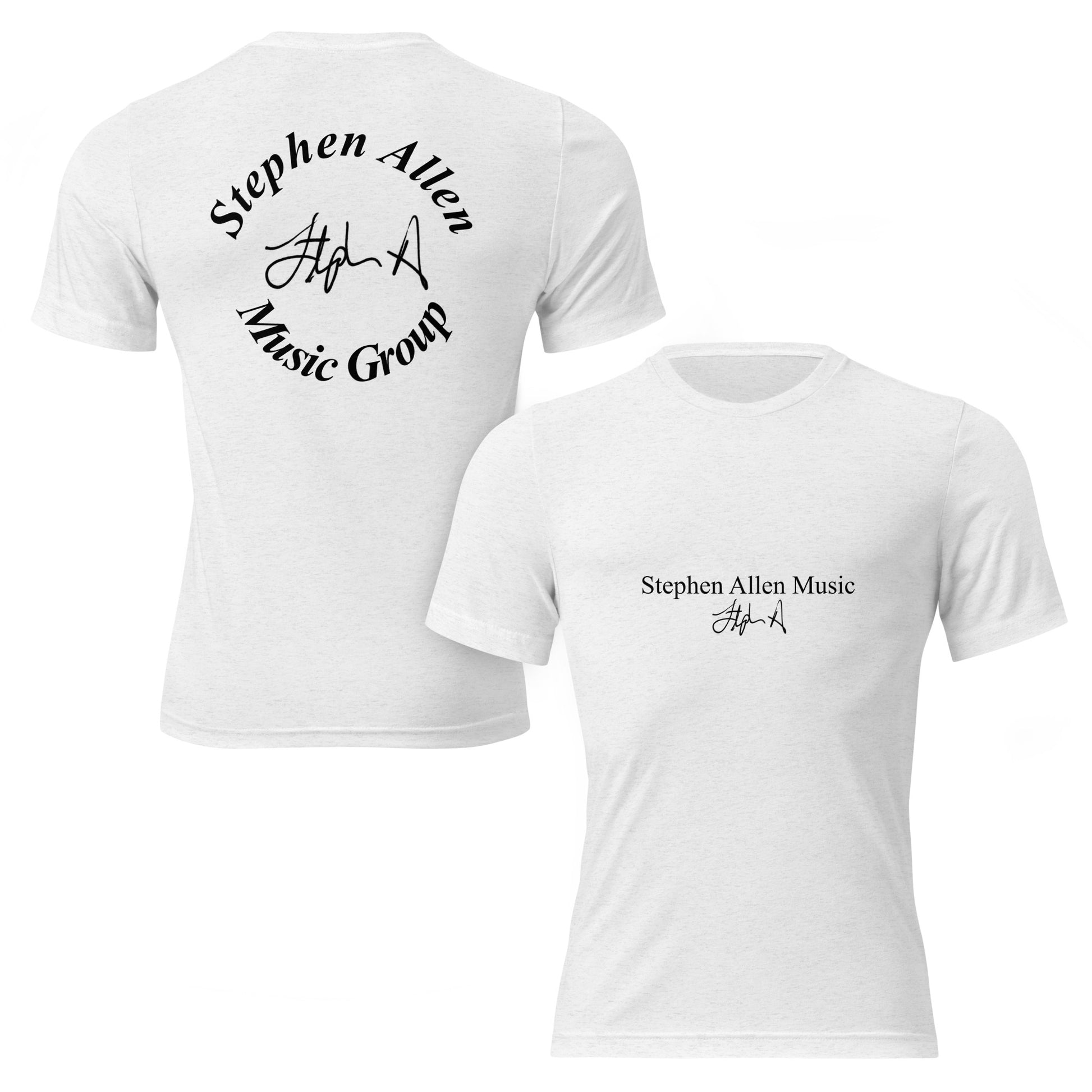 White short-sleeve crewneck t-shirt shown from both front and back. The front features 'Stephen Allen Music' and a signature printed on the left chest, while the back features a larger circular 'Stephen Allen Music Group' graphic with a signature in black.