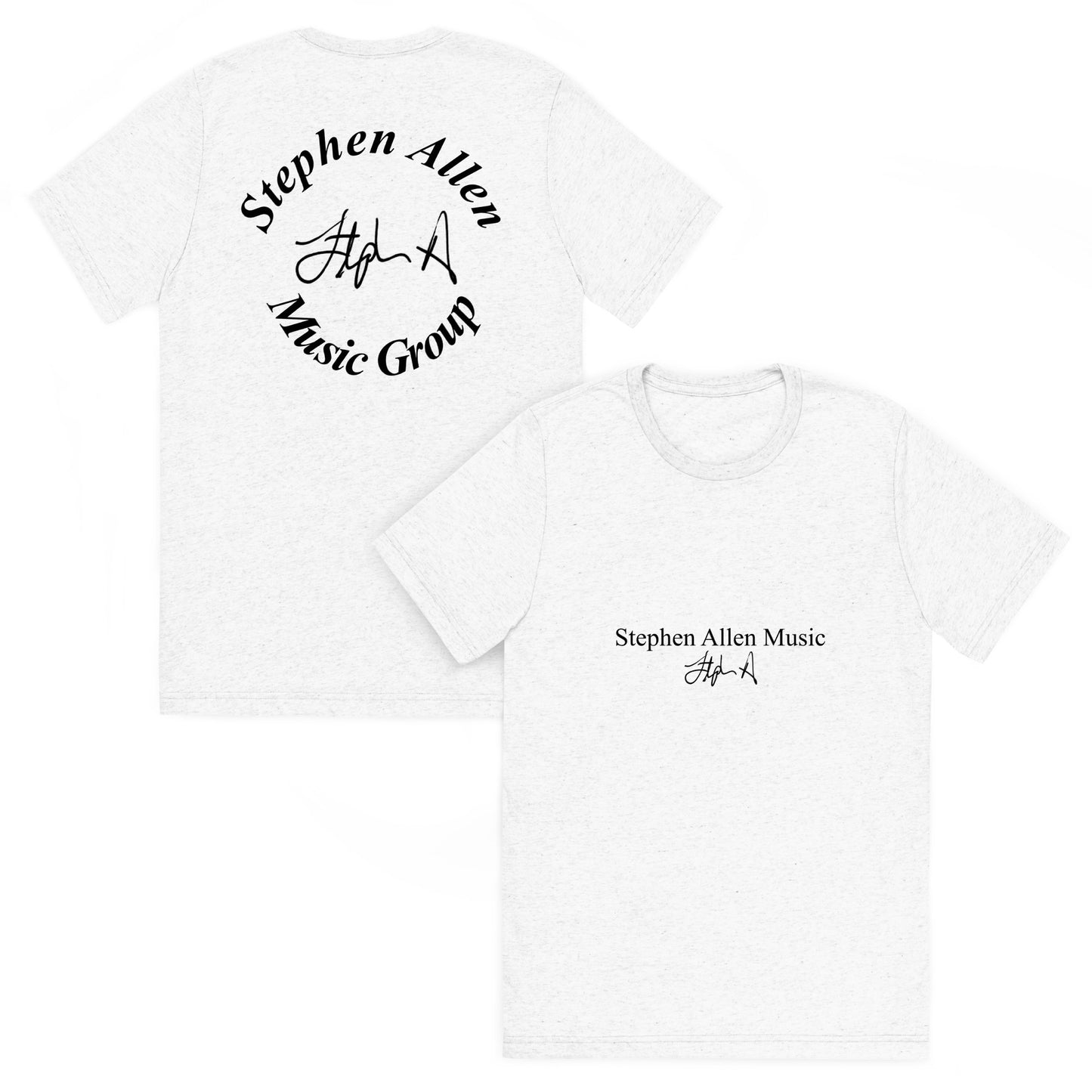 Two white short-sleeve T-shirts shown on a plain white background, displaying the front and back designs. The back features a black circular graphic reading 'Stephen Allen Music Group' around a stylized signature, and the front has a smaller black 'Stephen Allen Music' logo on the chest.