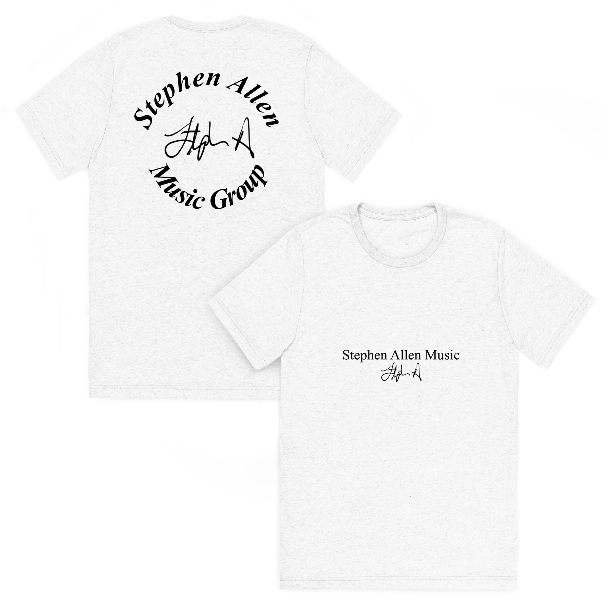 Two white short-sleeve T-shirts shown on a plain white background, displaying the front and back designs. The back features a black circular graphic reading 'Stephen Allen Music Group' around a stylized signature, and the front has a smaller black 'Stephen Allen Music' logo on the chest.