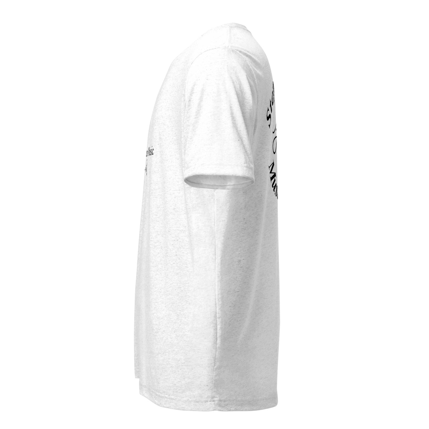 A white short-sleeve t-shirt shown from a side profile view against a plain white background, featuring black graphic text printed on the upper back and sleeve. Stephen Allen Music