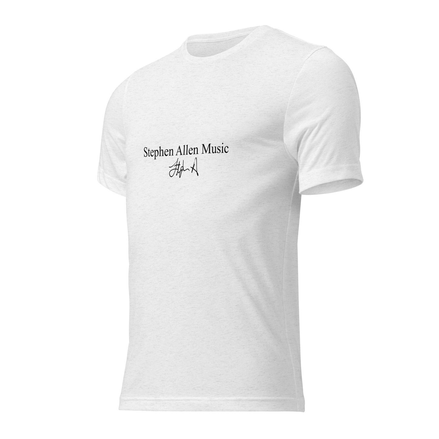 A white short-sleeve crewneck t-shirt featuring the text 'Stephen Allen Music' and a black signature printed on the center chest, displayed on a clean white background.