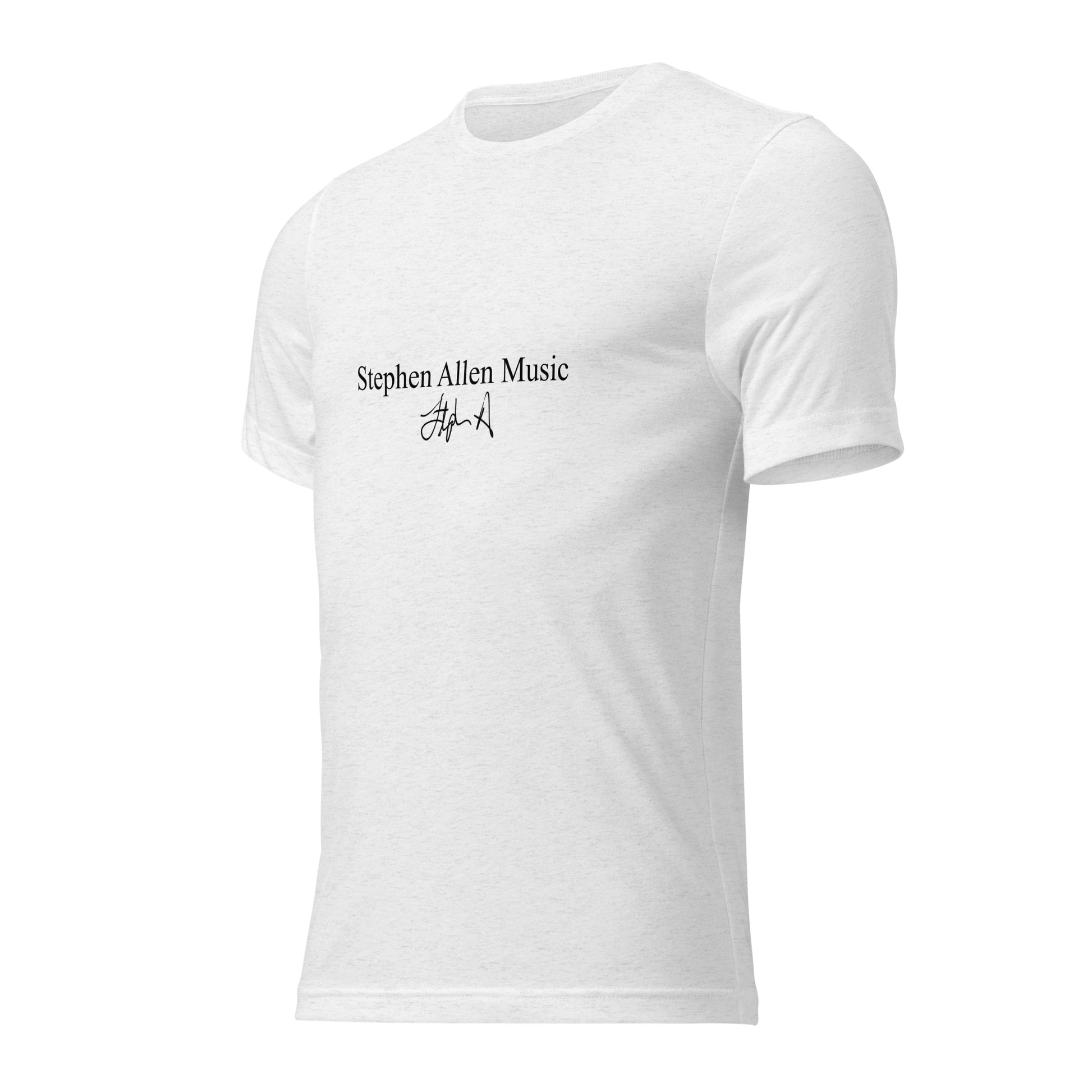 A white short-sleeve crewneck t-shirt featuring the text 'Stephen Allen Music' and a black signature printed on the center chest, displayed on a clean white background.