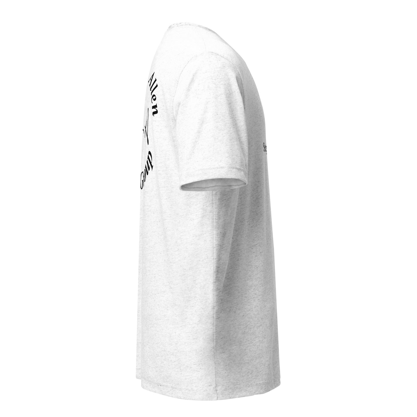 A light heather gray short-sleeve t-shirt shown from a side profile view, featuring black graphic text on the upper back and a small print on the sleeve. Stephen Allen Music