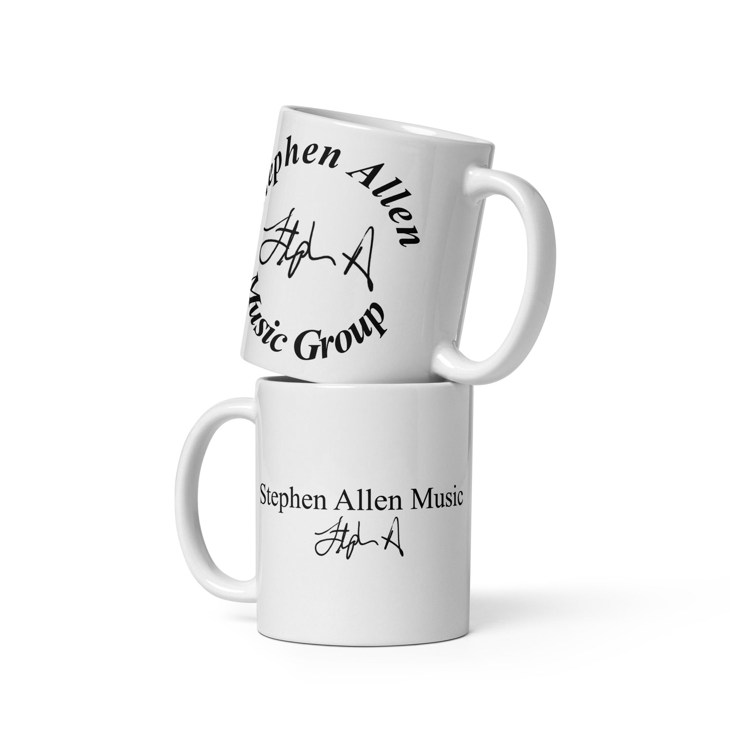 Two white mugs with 'Stephen Allen Music Group' text and signature on a white background